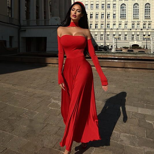 Women Clothing Tube Top Halter Solid Color Elegant Slim Fit Large Sexy Dress