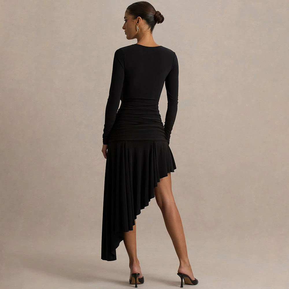 Autumn Winter Graceful Fashionable Women Slim Dress Sexy Pleated Irregular Asymmetric Maxi Dress