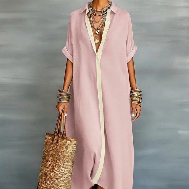 Spring Women Contrast Color Cotton Linen Shirt Dress