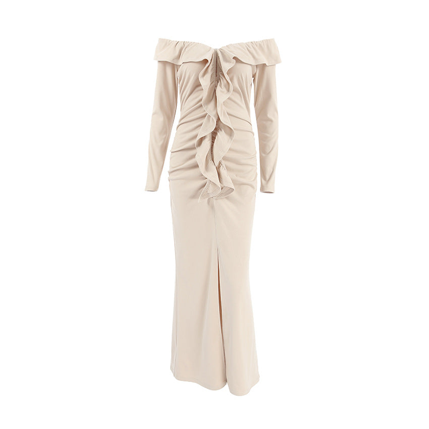 Slim Fit Ruffled Dress Autumn Winter High Sense Khaki off Neck Tube Top Split Fishtail Dress Women