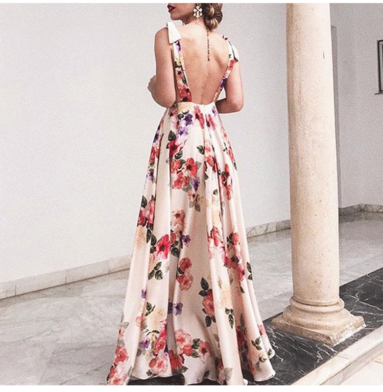 Spring Summer Women Clothing Exposed Back Printed Large Sleeveless Camisole Dress