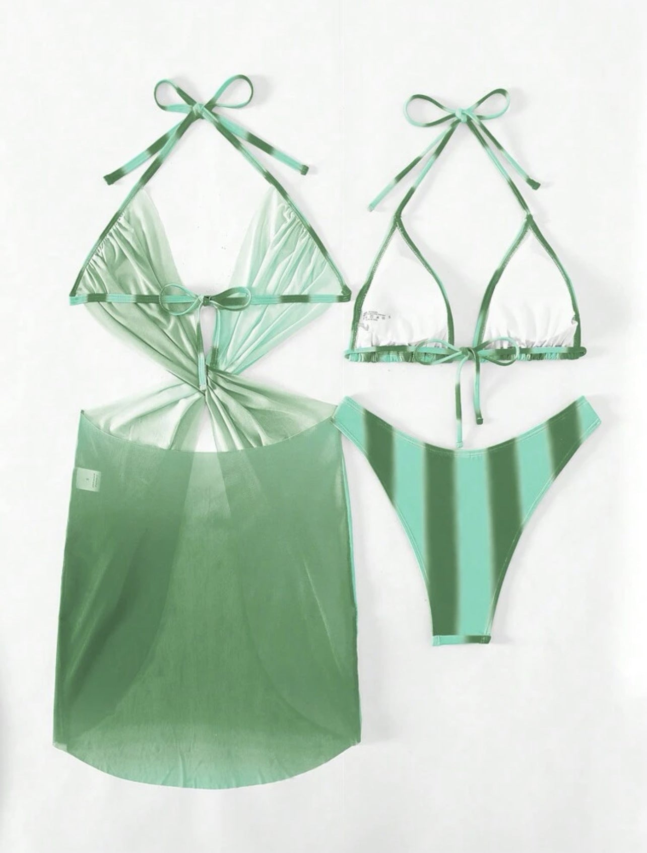 Striped Gradient Love Tulle Skirt Three Piece Swimsuit Bikini Sets