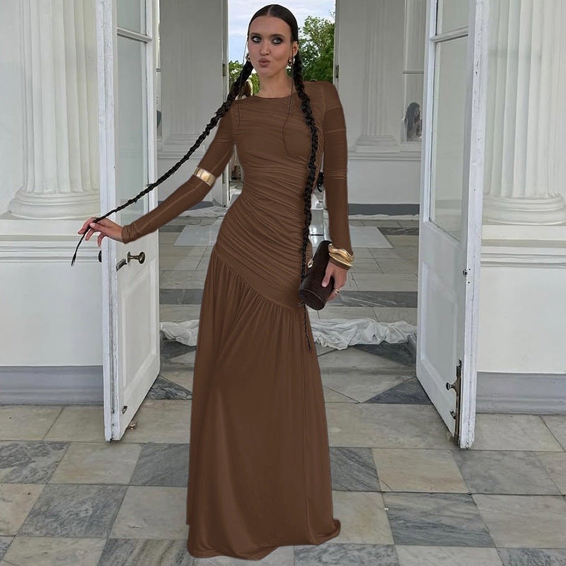 Summer Slim Fit Pleated round Neck Long Sleeved Dress Women