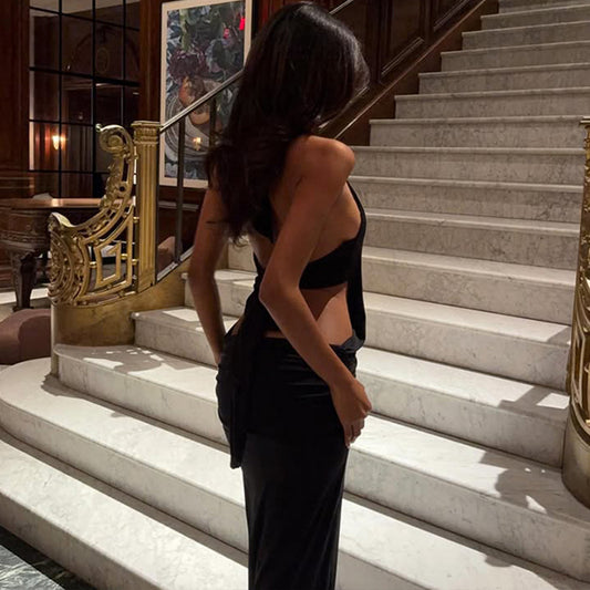 Sexy Deep V Plunge Halter Backless Red Carpet Dress