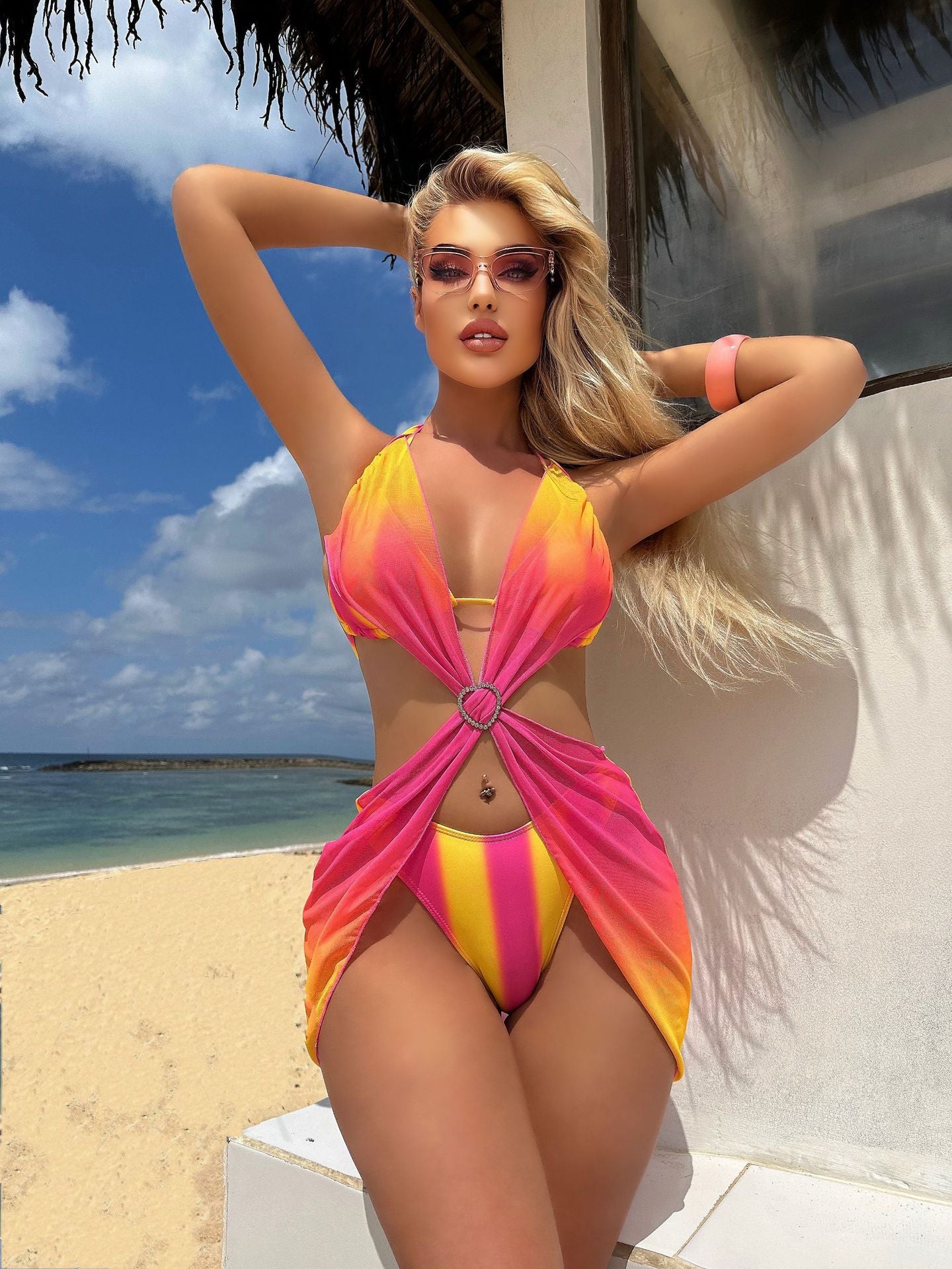 Striped Gradient Love Tulle Skirt Three Piece Swimsuit Bikini Sets