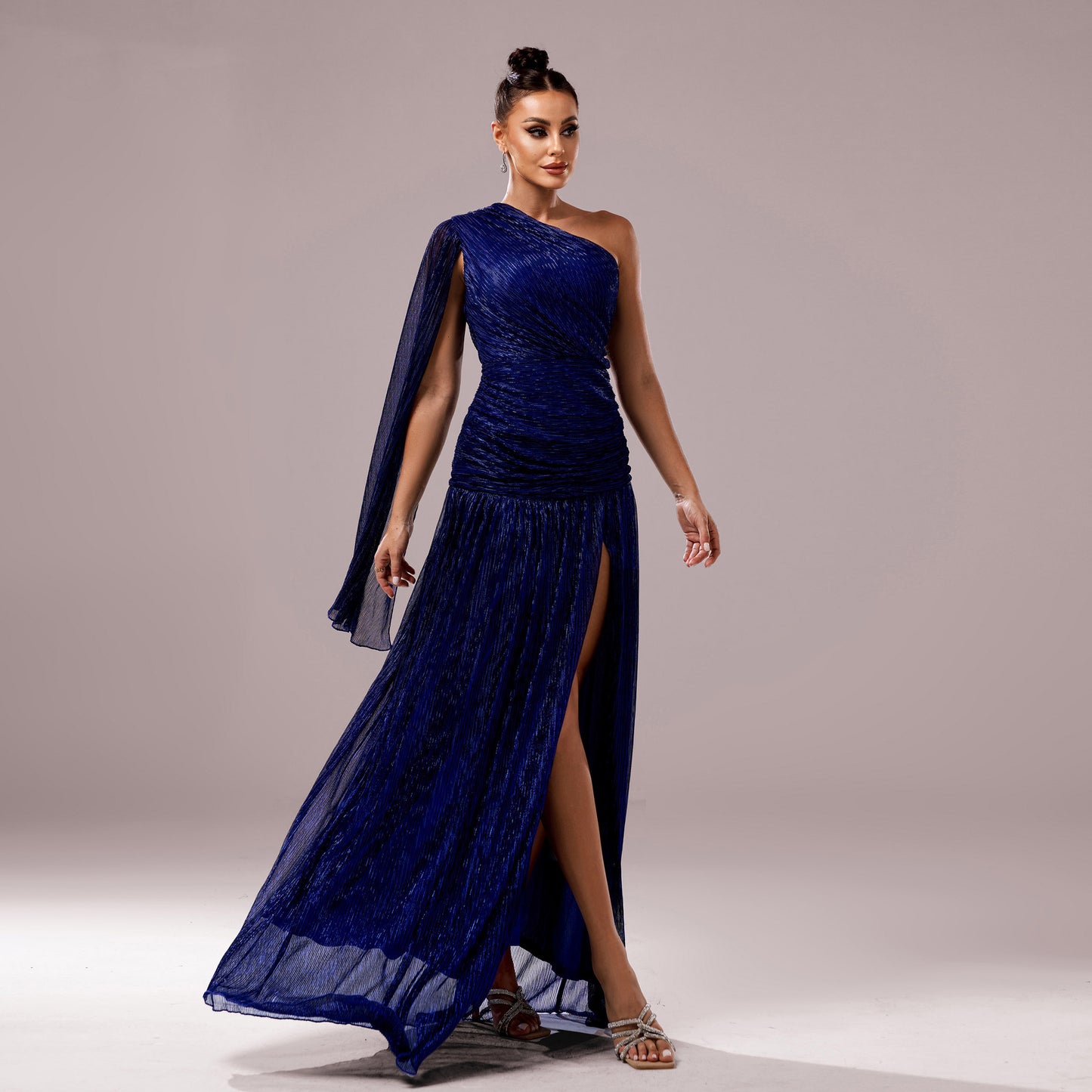 One Shoulder Collar Long Sleeve Evening Dress