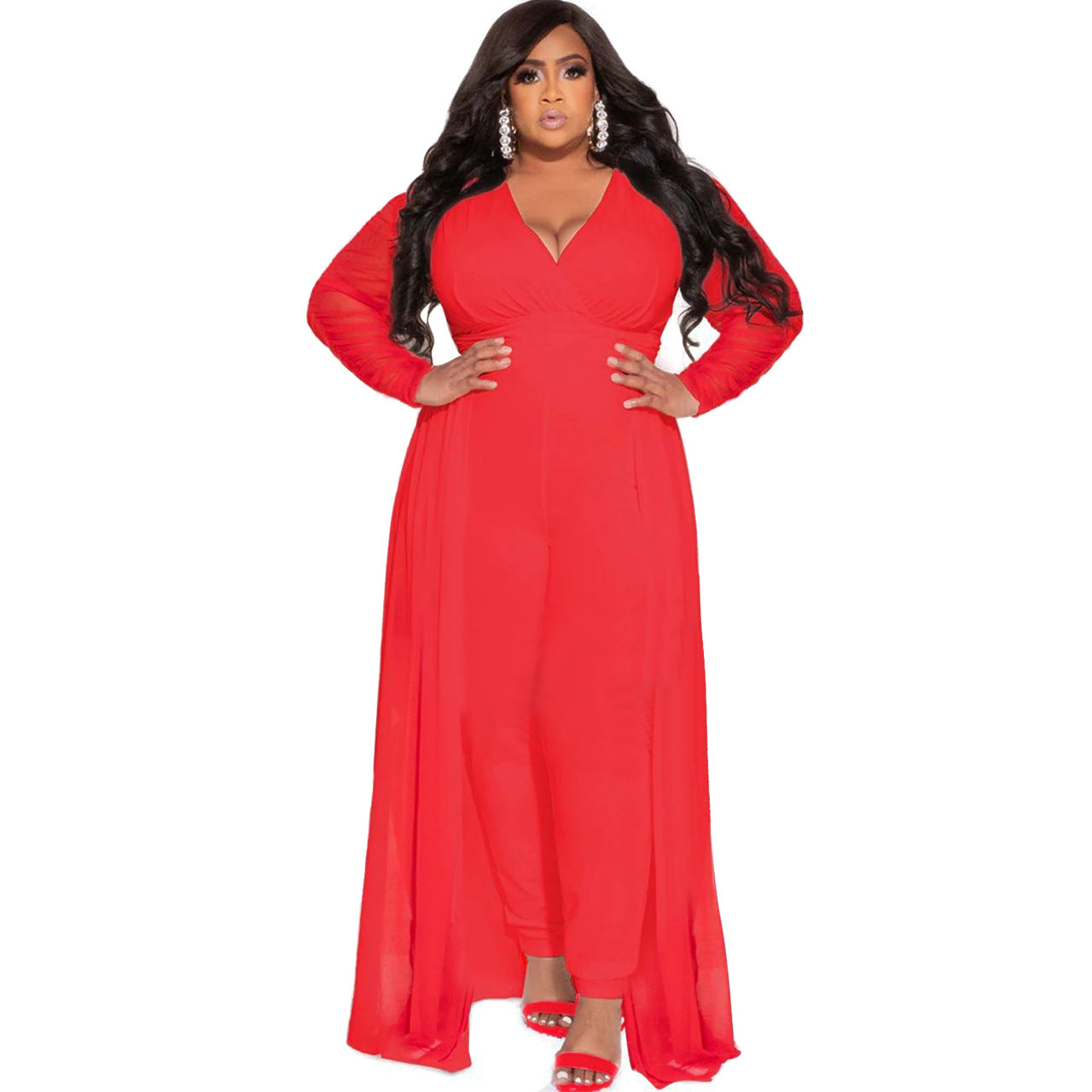 Popular Plus Size Woman Sexy V-neck Stitching Long Sleeve Jumpsuit Set