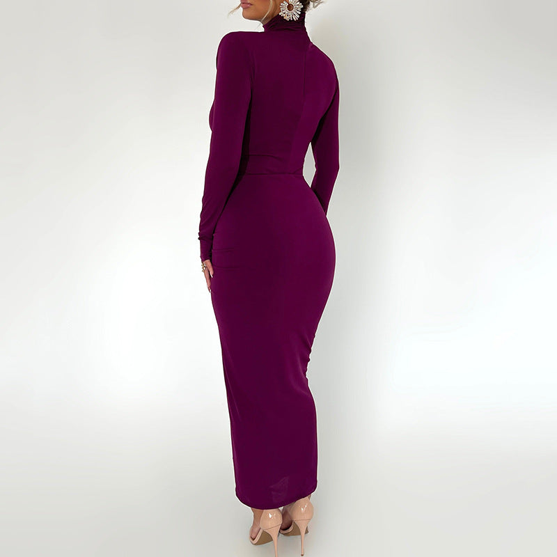 High Collar Long Sleeves Sexy Elegant Bodycon Maxi Dress