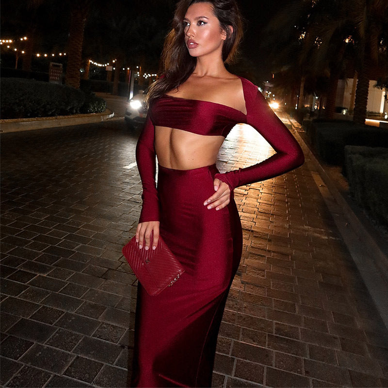 Long Sleeve Skirt Set Tube Top Short Top High Waist Hip Skirt Sexy Two Piece Set