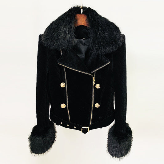 Goods Autumn Winter Detachable Simulation Fox Fur Collar Cotton Gold Velvet Double Zipper Motorcycle Jacket