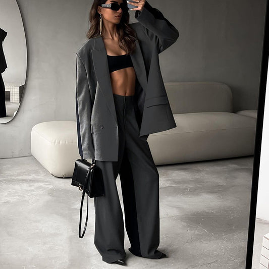 Office Loose Contrast Color Long Sleeves Turn down Collar Coat Wide Leg Pants Two Piece Set
