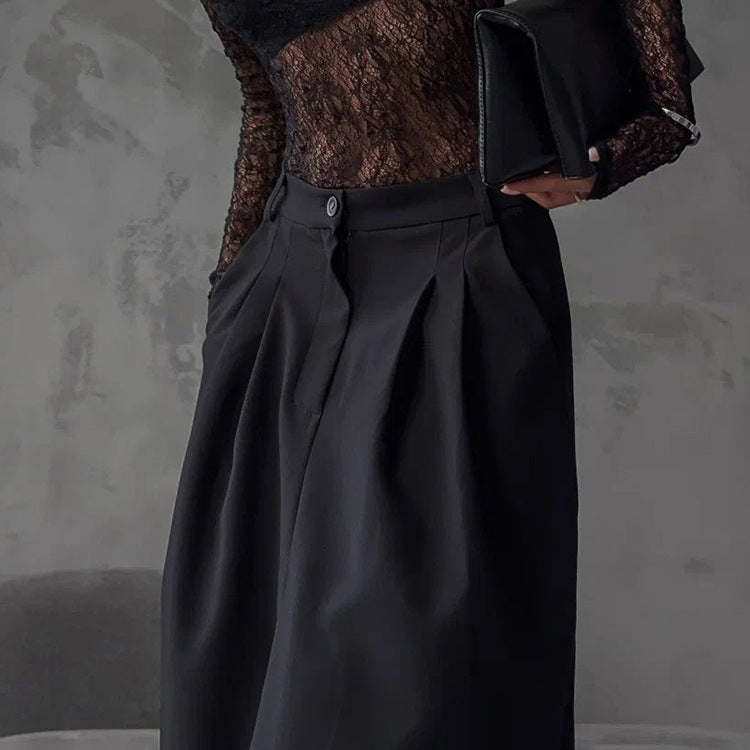 Elegant High Sense Slit Black Half Length Pleated A line Skirt