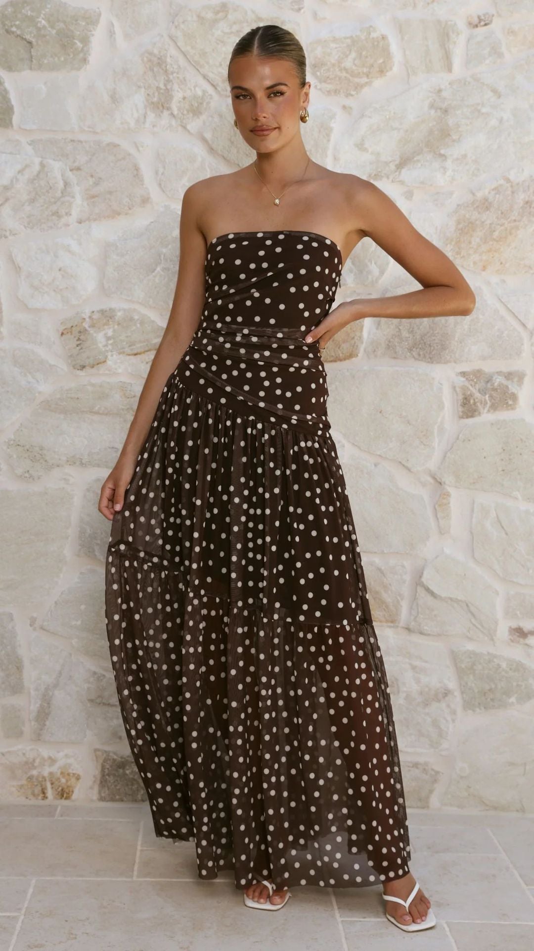 Goods Summer Polka Dot Print Wrapped Chest off Shoulder Mesh Maxi Dress
