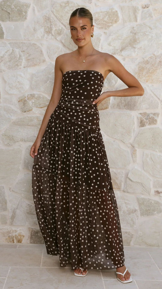 Goods Summer Polka Dot Print Wrapped Chest off Shoulder Mesh Maxi Dress
