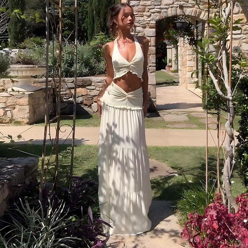 Sexy V Neck Ruffled Halter Spaghetti Straps Detail Twisted Skirt Set
