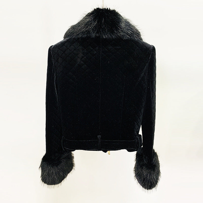 Goods Autumn Winter Detachable Simulation Fox Fur Collar Cotton Gold Velvet Double Zipper Motorcycle Jacket