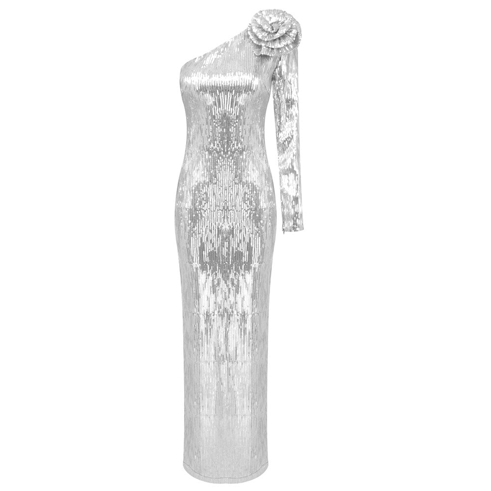 Silver Dress Premium Sequ Cocktail Christmas Party Formal Dress Elegant