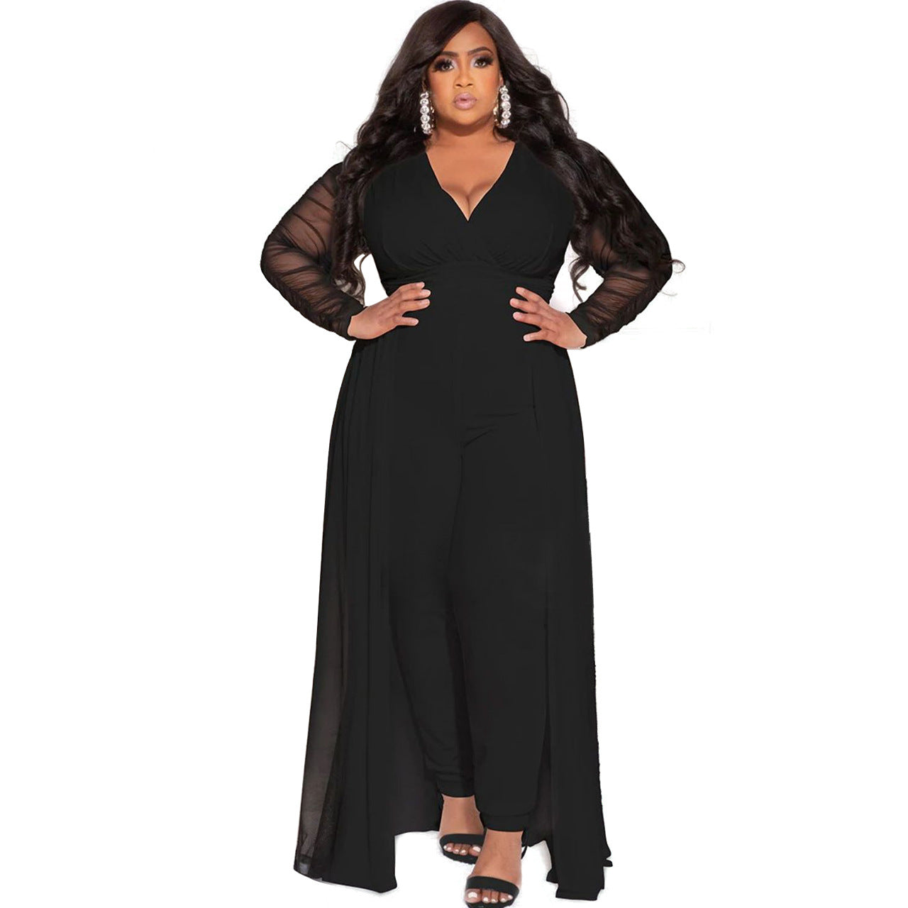 Popular Plus Size Woman Sexy V-neck Stitching Long Sleeve Jumpsuit Set