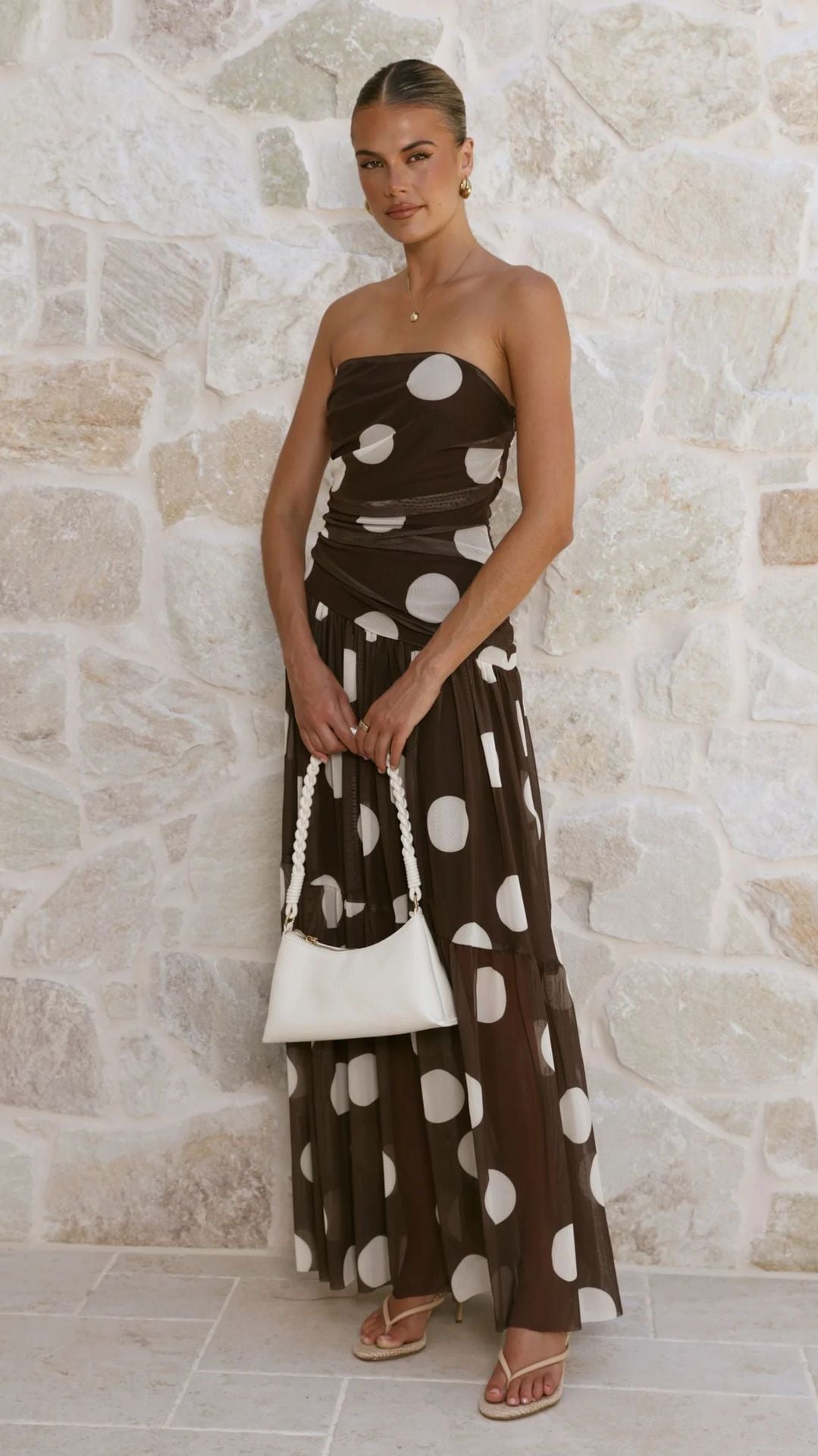 Goods Summer Polka Dot Print Wrapped Chest off Shoulder Mesh Maxi Dress