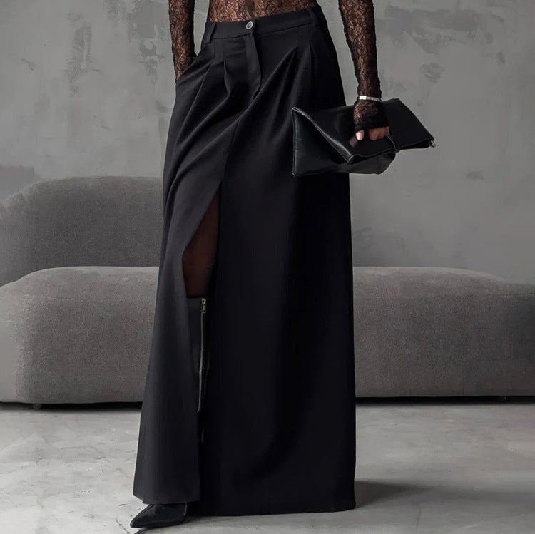 Elegant High Sense Slit Black Half Length Pleated A line Skirt