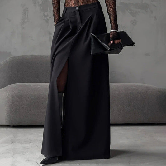 Elegant High Sense Slit Black Half Length Pleated A line Skirt