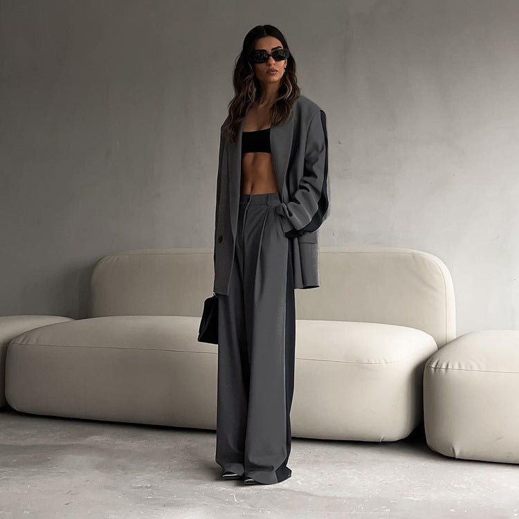 Office Loose Contrast Color Long Sleeves Turn down Collar Coat Wide Leg Pants Two Piece Set