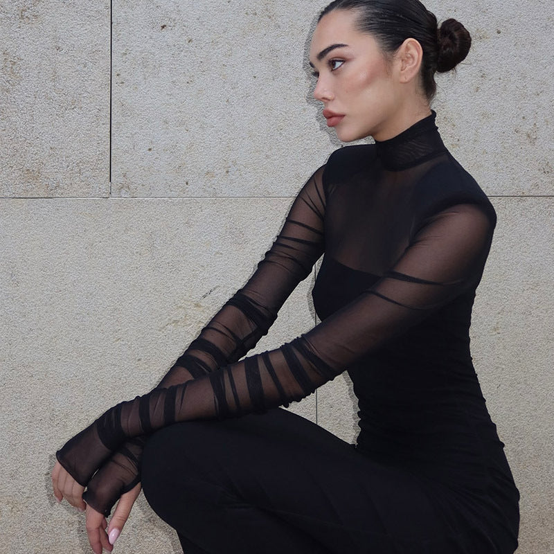 Elegant Women Clothing Half Turtleneck Mesh Slim Fit Patchwork Sexy Padded Shoulder Solid Color High Sense Maxi Dress Women