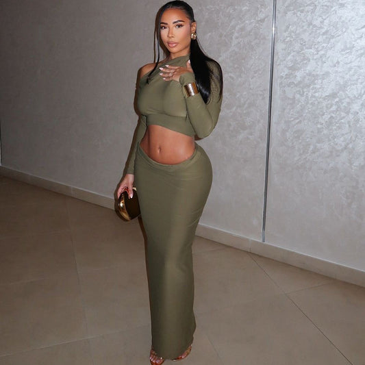 Long Sleeve Diagonal Cropped Top Maxi Skirt Two Piece Set