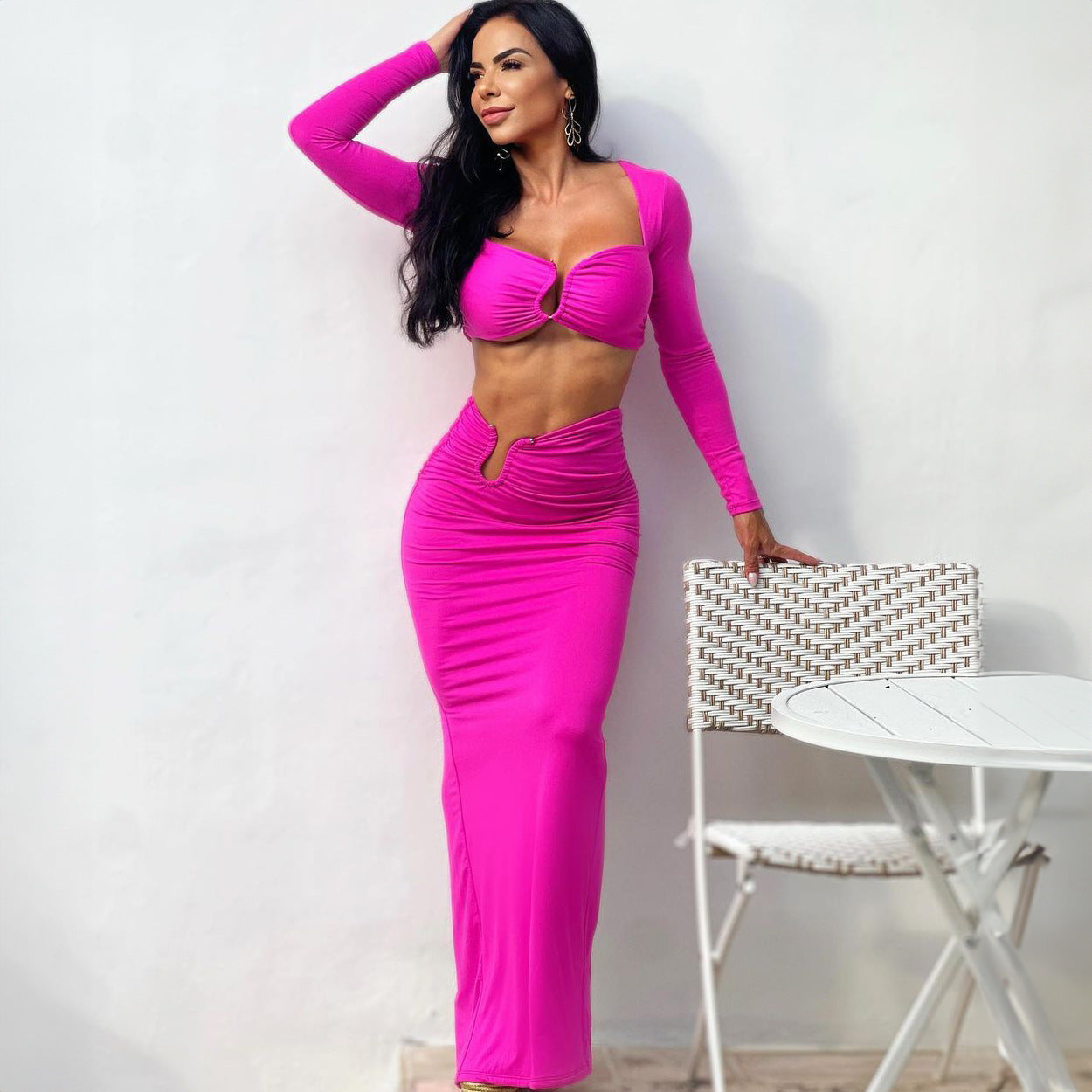 Women Clothing Summer Popular Sexy Bandeau Long Sleeve Back Slit Skirt Set