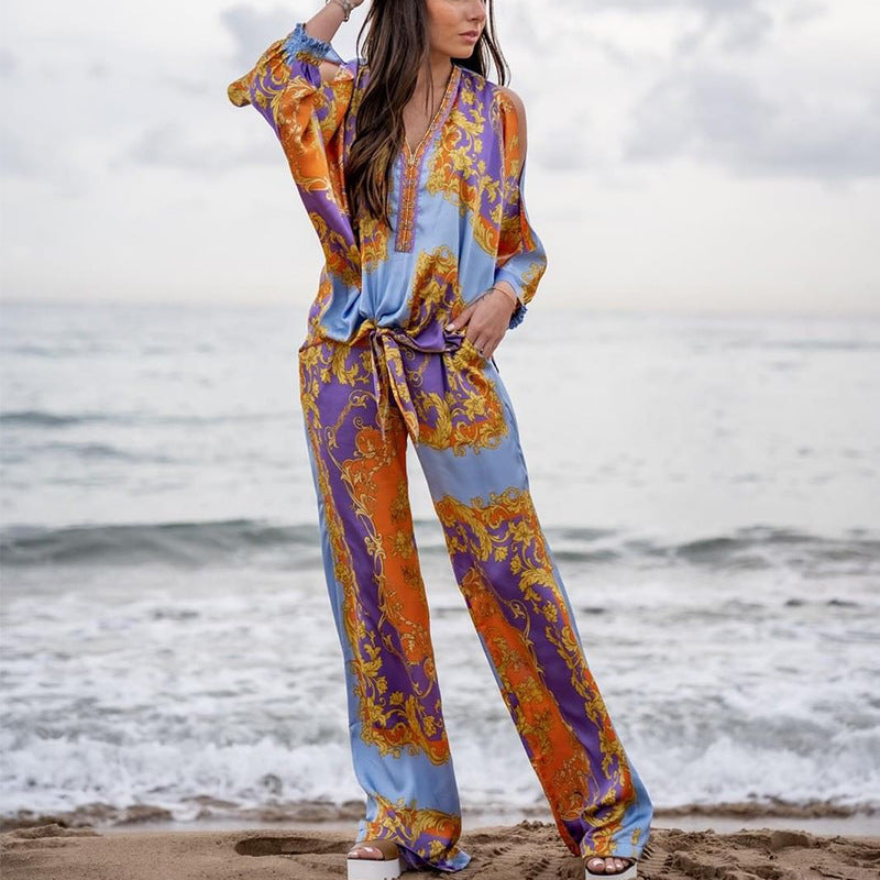 Spring Summer Women Clothing Bohemian Printed Long Sleeved Top Casual Straight Pants Suit