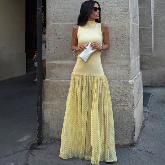 High Collar Slim-Fitting Patchwork Maxi Dress Polka Dot Dress