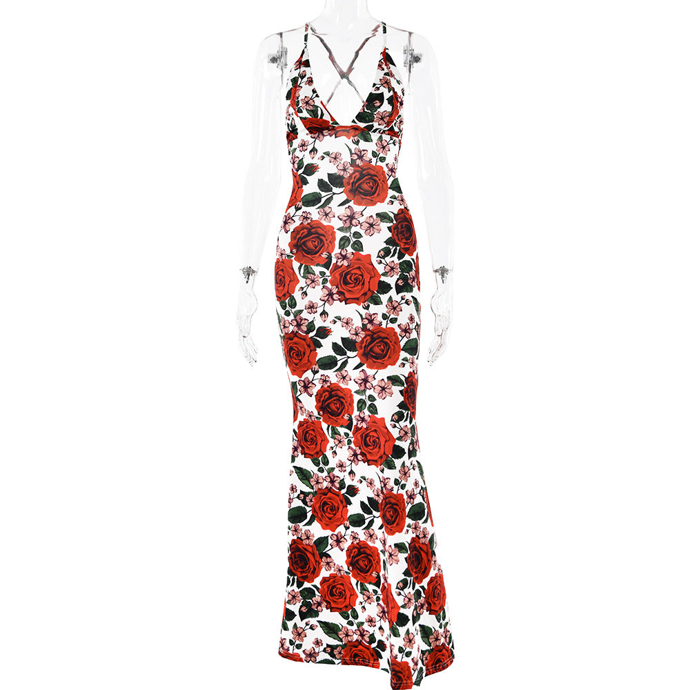 Spaghetti Straps Sleeveless Sexy Printed Backless Slim Fit Dress