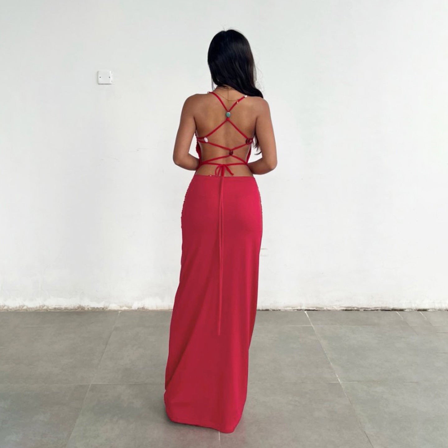 Backless Lace-Up Sexy Red Elegant Maxi Cocktail Dress