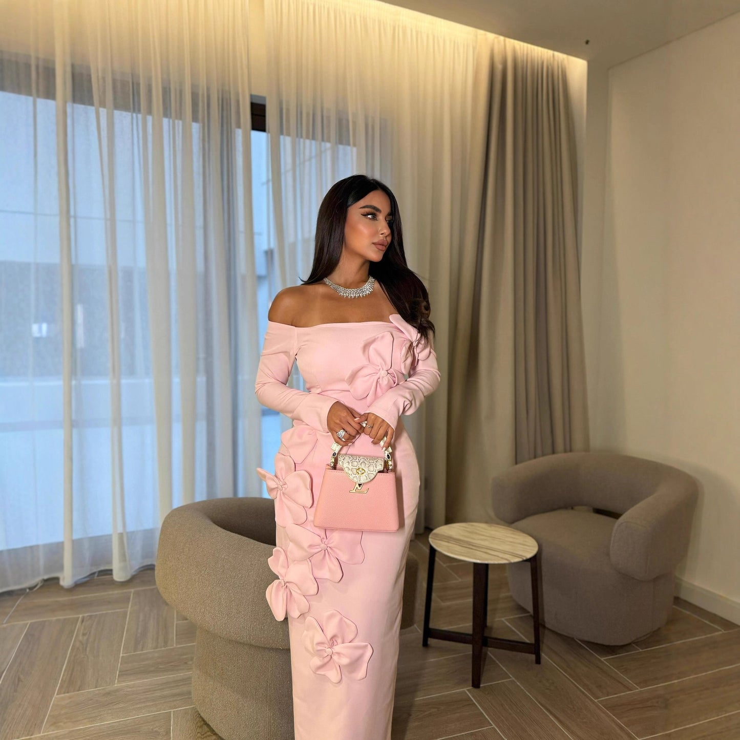 Elegant Sexy Floral off Shoulder Long Sleeve Dress