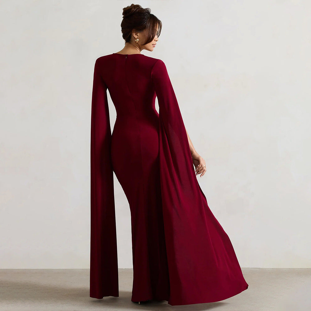 Dress Square Collar Mop Long Sleeve High Slit Solid Color Sexy Dress