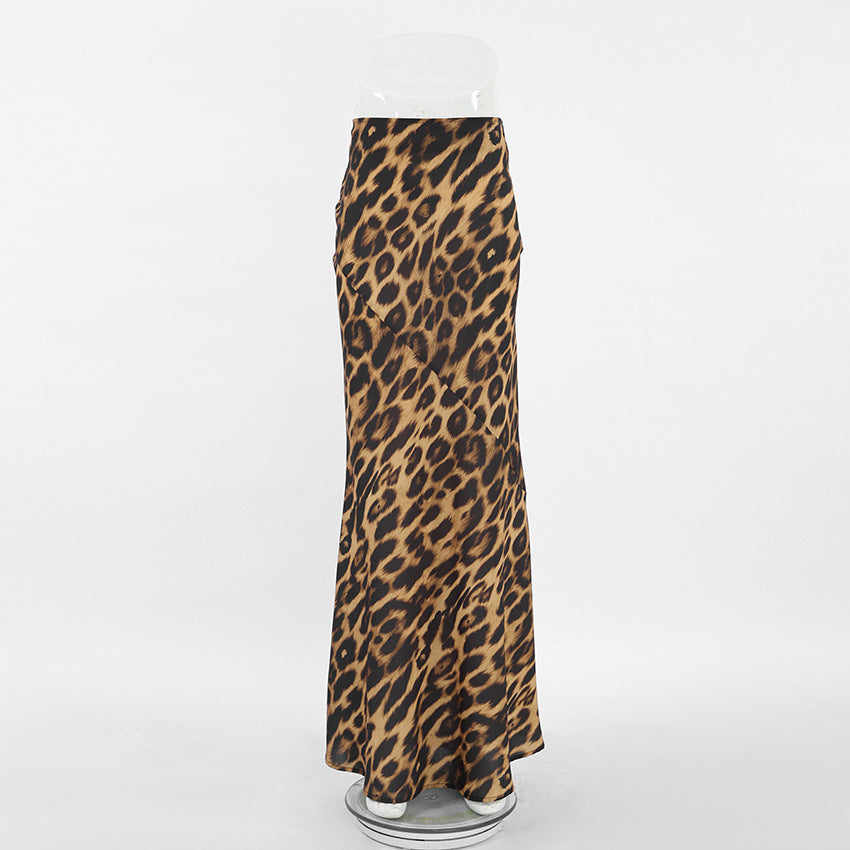 Retro Summer Classic Leopard Pattern Mid Waist Floor Skirt Slim Fishtail Skirt