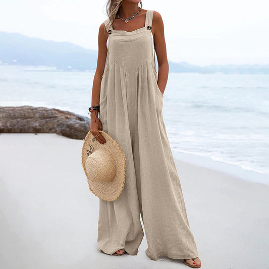 Women Clothing Summer Jumpsuit Ethnic Solid Color Wide Leg Jumpsuit