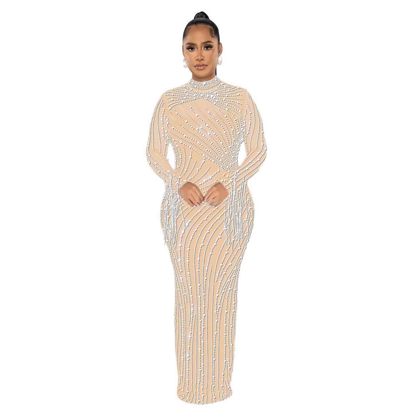 Mesh See Through Drilling Long Sleeve Lining Two Piece Set