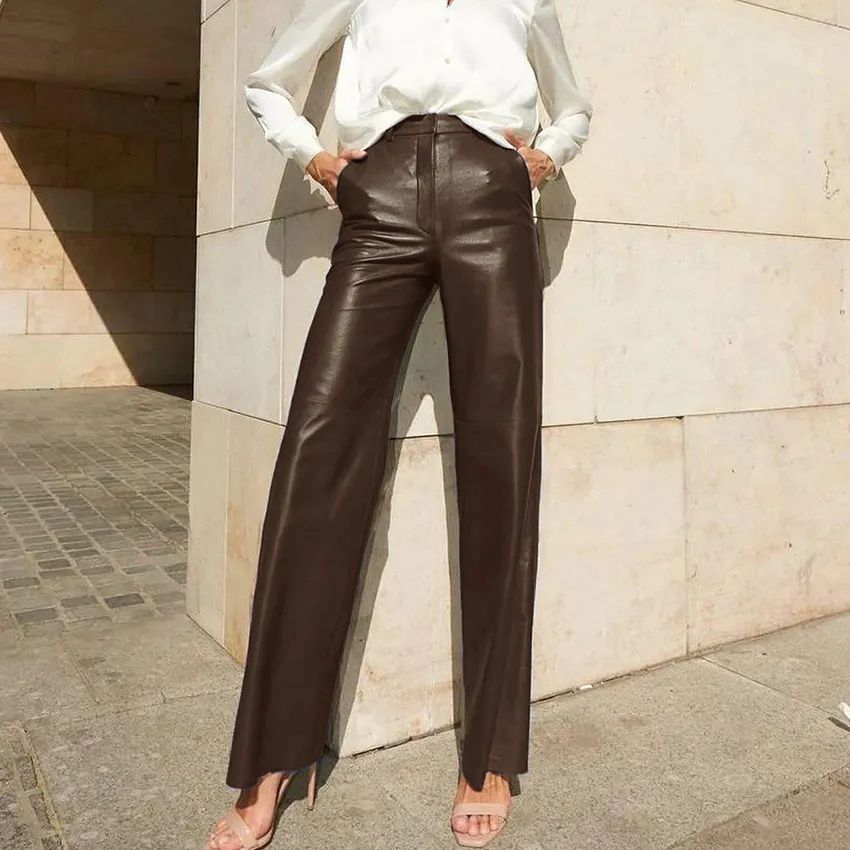 Faux Leather Mid High Waist Hip Lifting Straight Women Casual Pants Women Pants