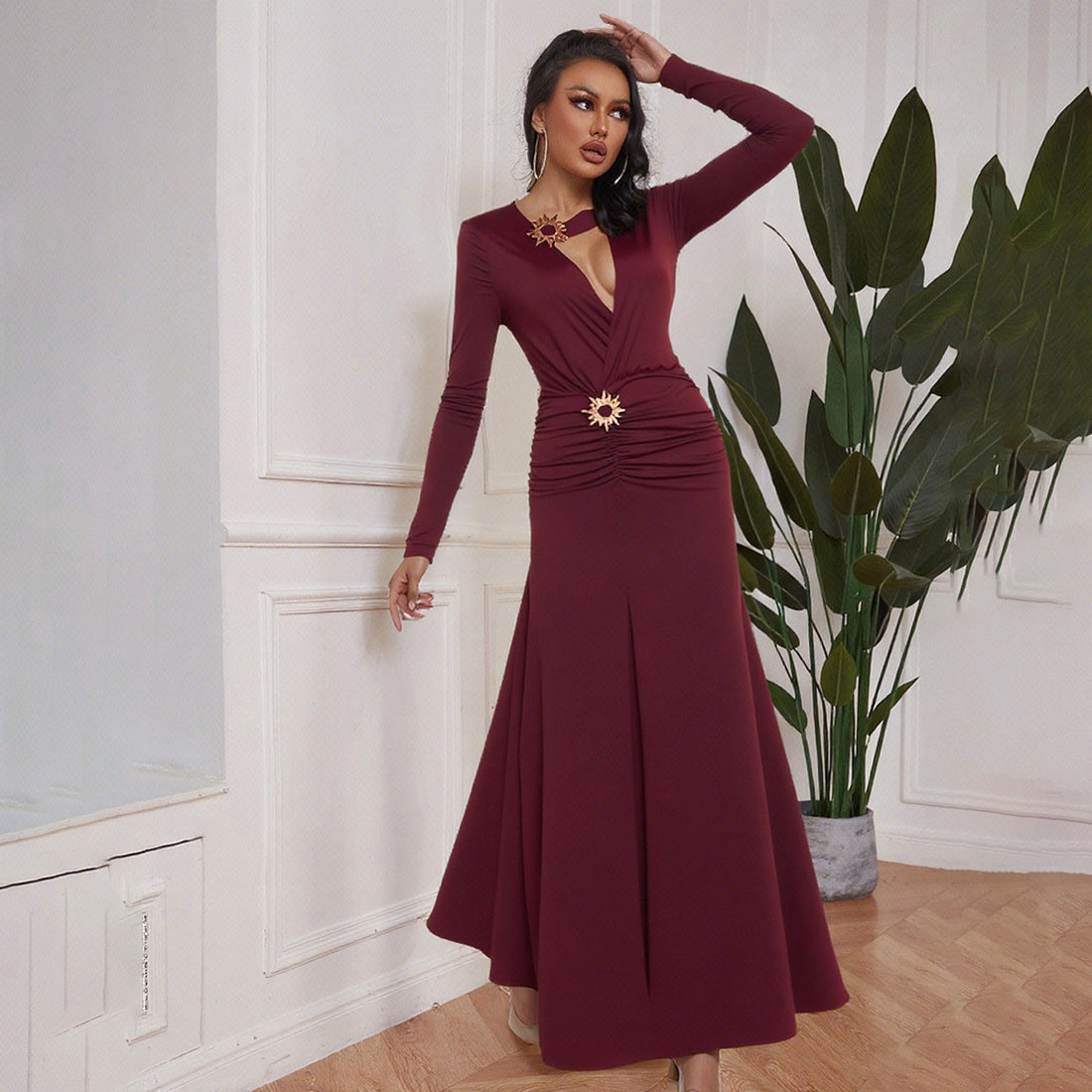 Sexy Deep V Plunge neck Split Dress Solid Color Dress Women