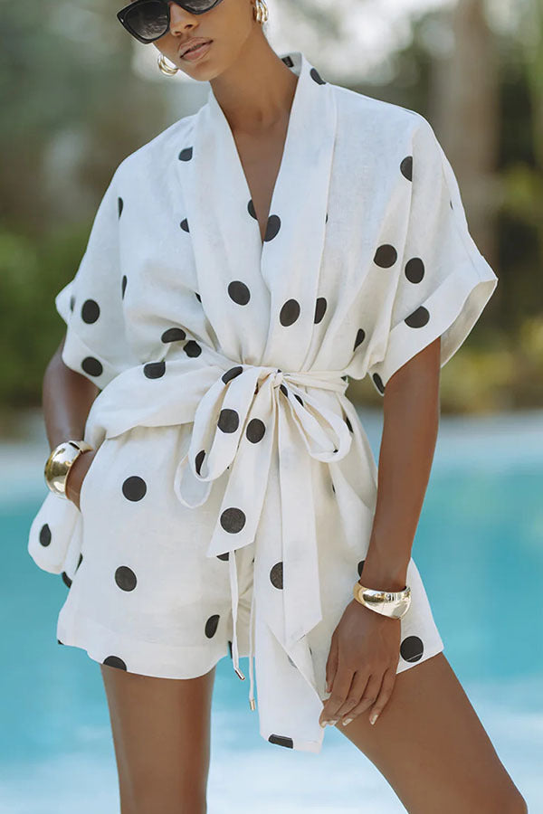 Two Piece Polka Dot Linen Printed Shorts Set