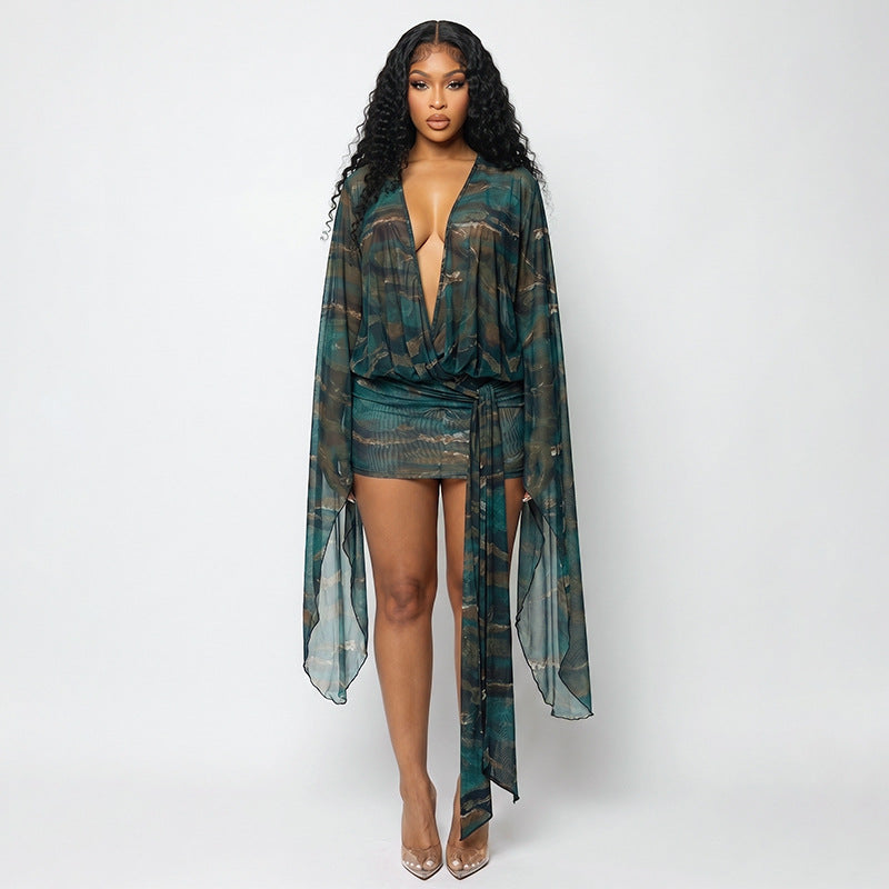 Women Clothing Summer Sexy Mesh Deep V Plunge neck Digital Printing Slim Mini Dress
