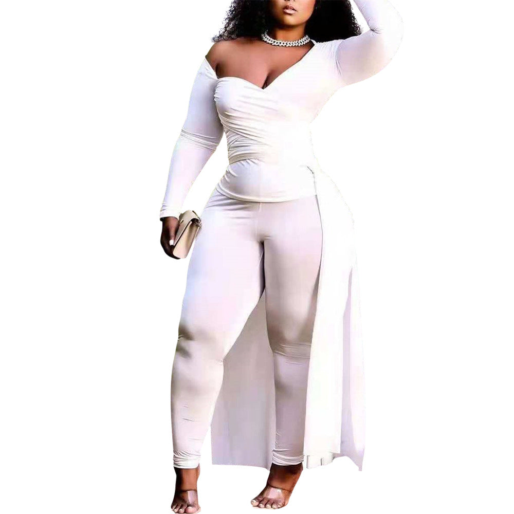 Plus Size Sexy Wrapped Blouse And Pants Two-Piece Set