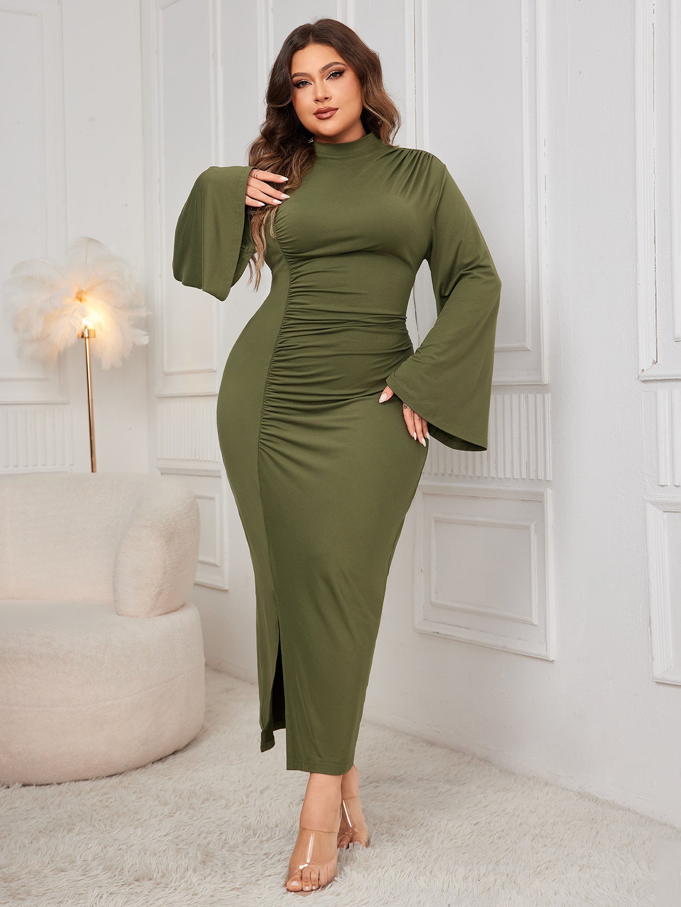 Plus Size Spring Autumn Solid Color Turtleneck Dress Slit Sheath Women