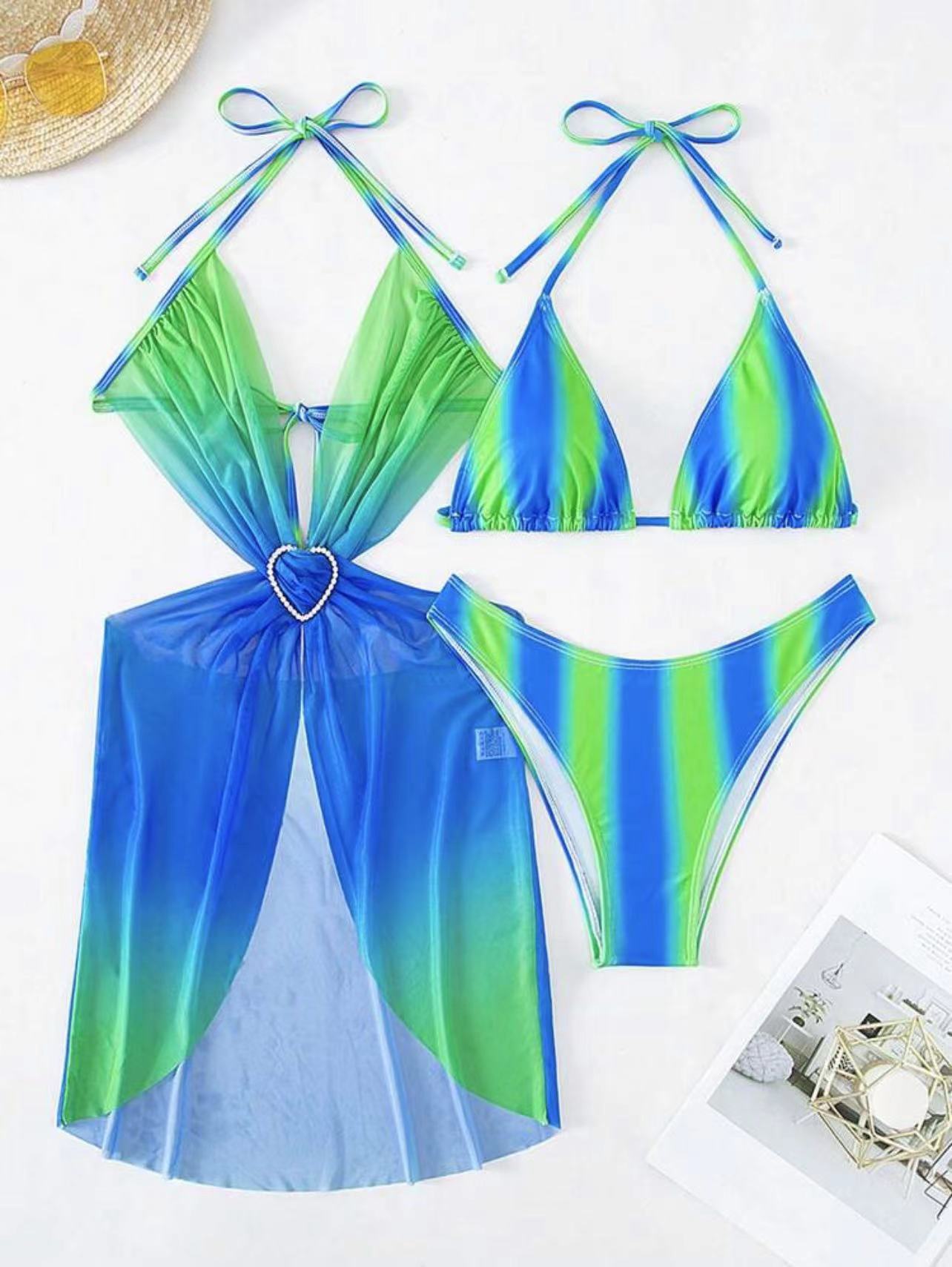 Striped Gradient Love Tulle Skirt Three Piece Swimsuit Bikini Sets