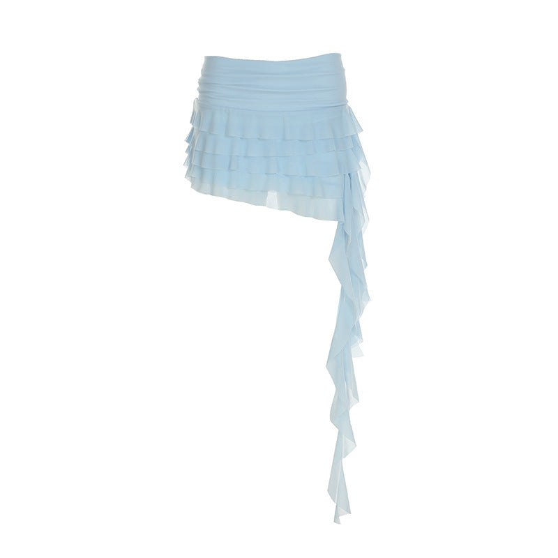 Streamer Tiered Skirt Bohemian Solid Color Pleated Ruffles Irregular Asymmetric Skirt
