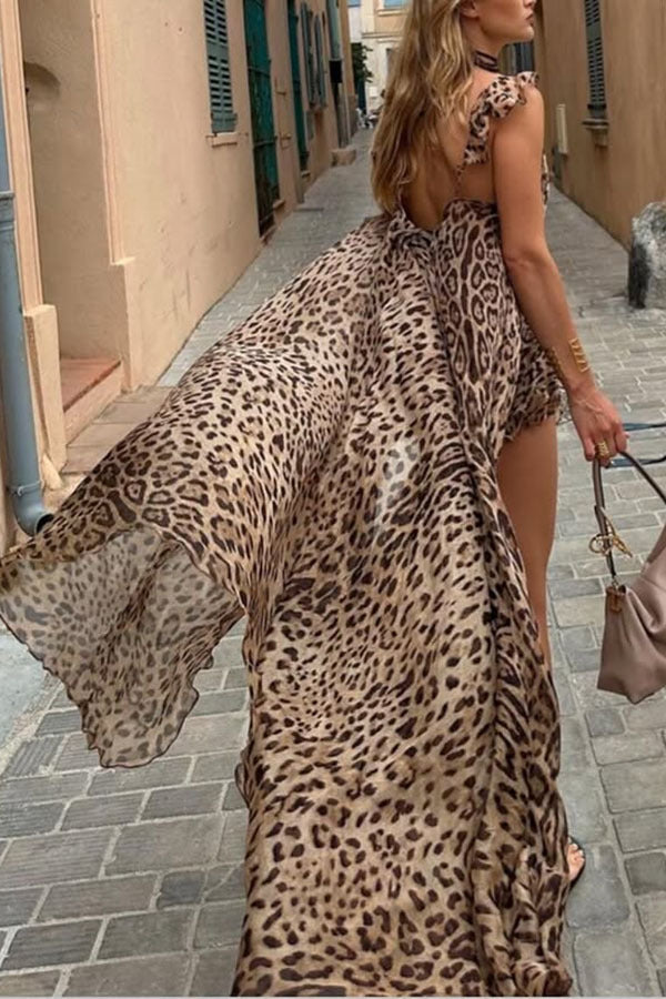 Chiffon Printed Loose Cami Leopard Print Two Piece Shorts Set