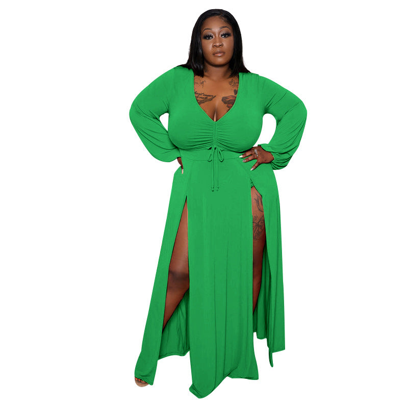 Plus Size Sexy Deep V Plunge Neck, Long Sleeve Slit Dress