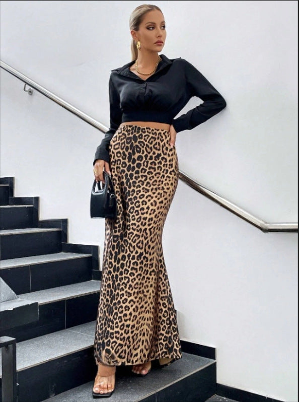 Leopard Print Printed Sexy Sheath Fishtail Skirt Mop Skirt