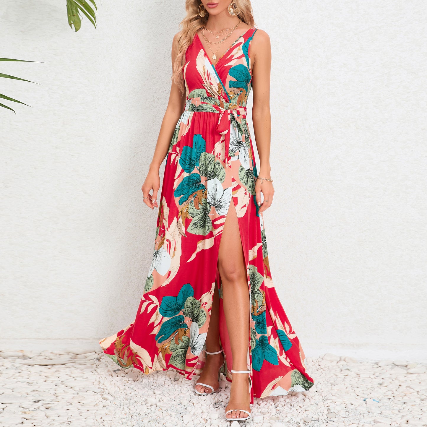 Summer Women Clothing Pairs V Neck Sleeveless Slit Printed Long Strap Dress Women